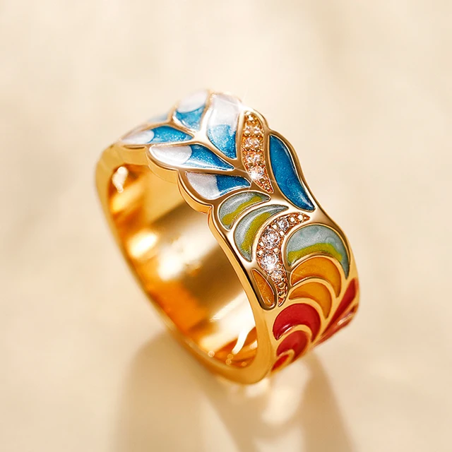 Pronto Stock Huitan Smalto Fatto a Mano per Donna Modello di Piume Colorate Anello in Zirconia Cubica Color Oro Gioielli da Sposa Romantici_voghion.com