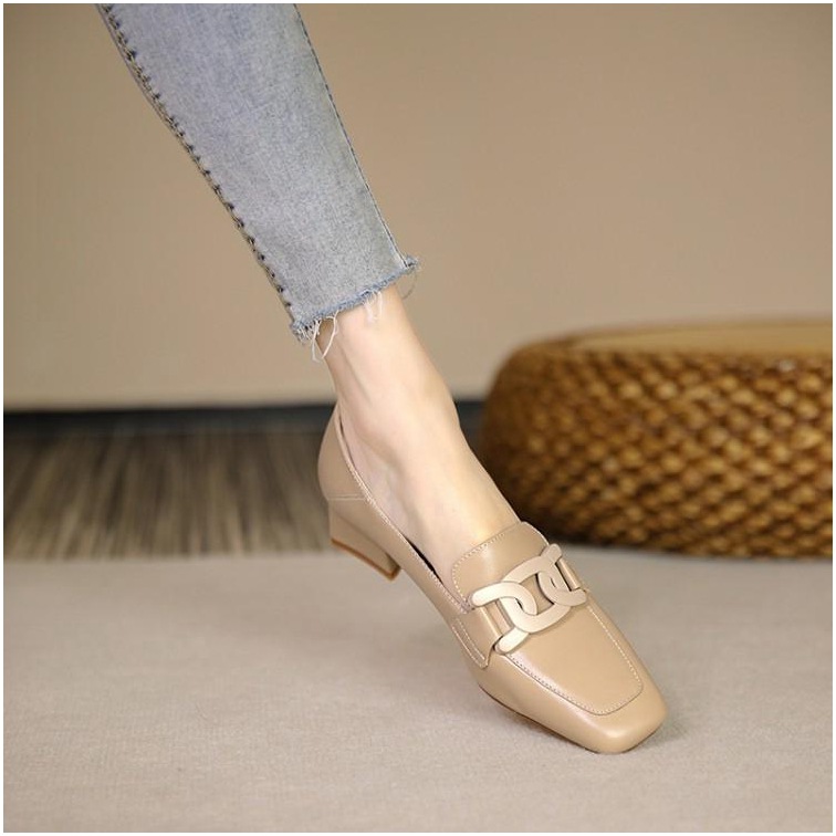 Women's Leather British Style 2022 Spring And Autumn New Chunky Heel Loafers Slip-On Mid-Heel Shoes_vogvips.com