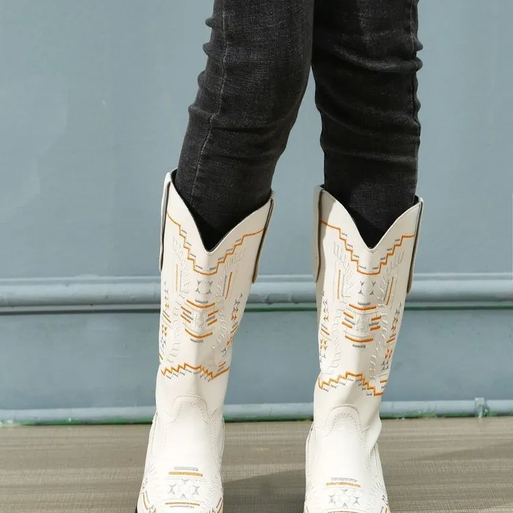 Echtes Leder Cowgirl Chunky Marke Designer Cowboy Stiefel Sticken Casual Schuhe Kosaken Retro Botas Mujer_voghion.com