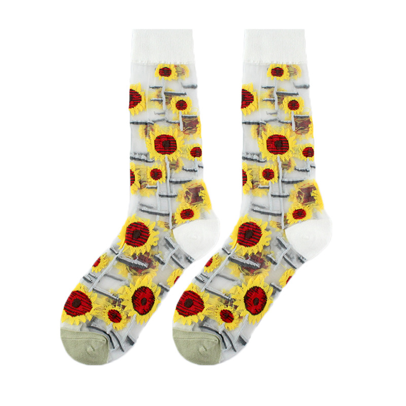 23 Spring/Summer Women's Thin Style Medium Tube Fashion Trendy Wind Flower Dorsen Series Glass Silk Socks_voghion.com