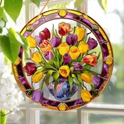 Attrape-soleil en forme de bouquet de tulipes - Art en acrylique sur vitrail de 20 cm. Décoration florale printanière pour porches ou pour une pendaison de crémaillère joyeuse._voghion.com