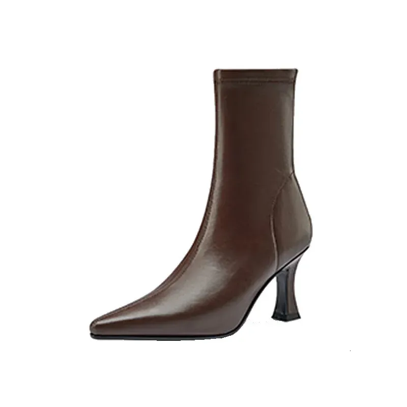 Women Pointy Soft Leather Brown Elastic Famele Stiletto Heels Shoes Ladies Ankle Back Zipper Boots 240617_voghion.com
