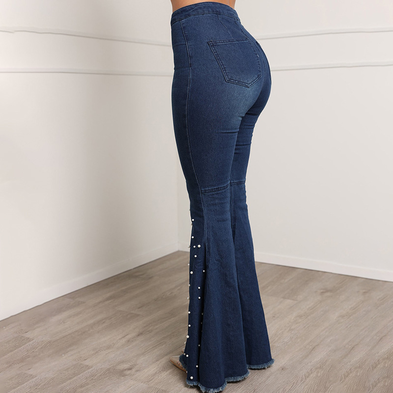 stretch jeans casual beaded flared trousers_voghion.com