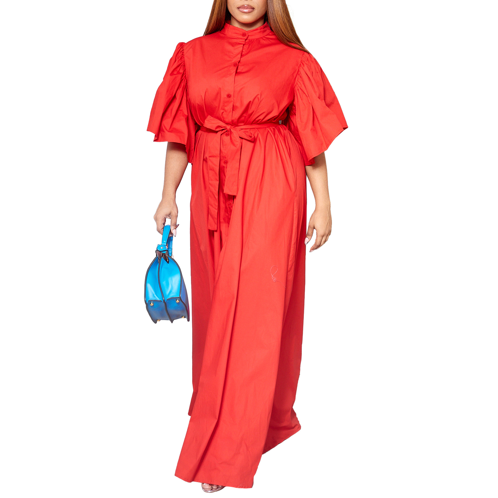 Damenbekleidung Sommermode Trompetenärmel Einreihiger Gürtel Taille Lose Langes Rockkleid_voghion.com