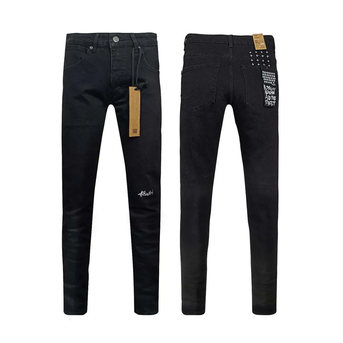 KSUBI Cross Men Fashion American High Street Black Casual Letter Embroidery Pants Stretch Skinny Ripped Frayed Jeans_voghion.com