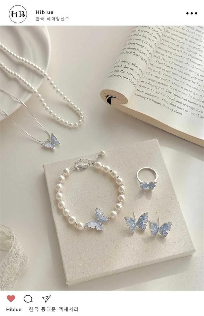 Schmetterling Ring Und Charm-armband Set Mit Kristall Und Perlen_voghion.com