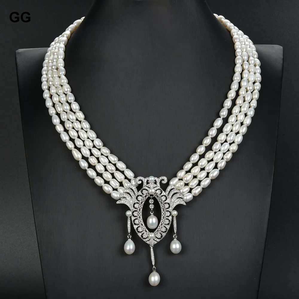Collane con ciondolo JK 4 fili 18" Collana di perle di riso bianche naturali CZ_voghion.com