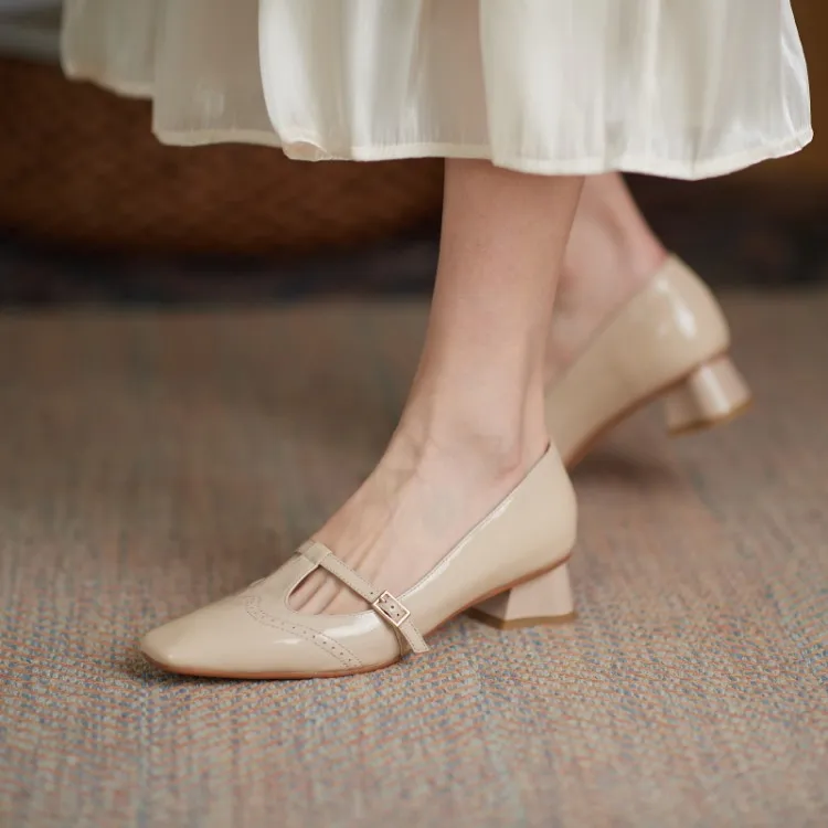 Shoes Spring/Autumn Patent Leather Solid Color T-shaped Buckle Pumps Square Toe Chunky Heel Versatile Mary Jane For_voghion.com