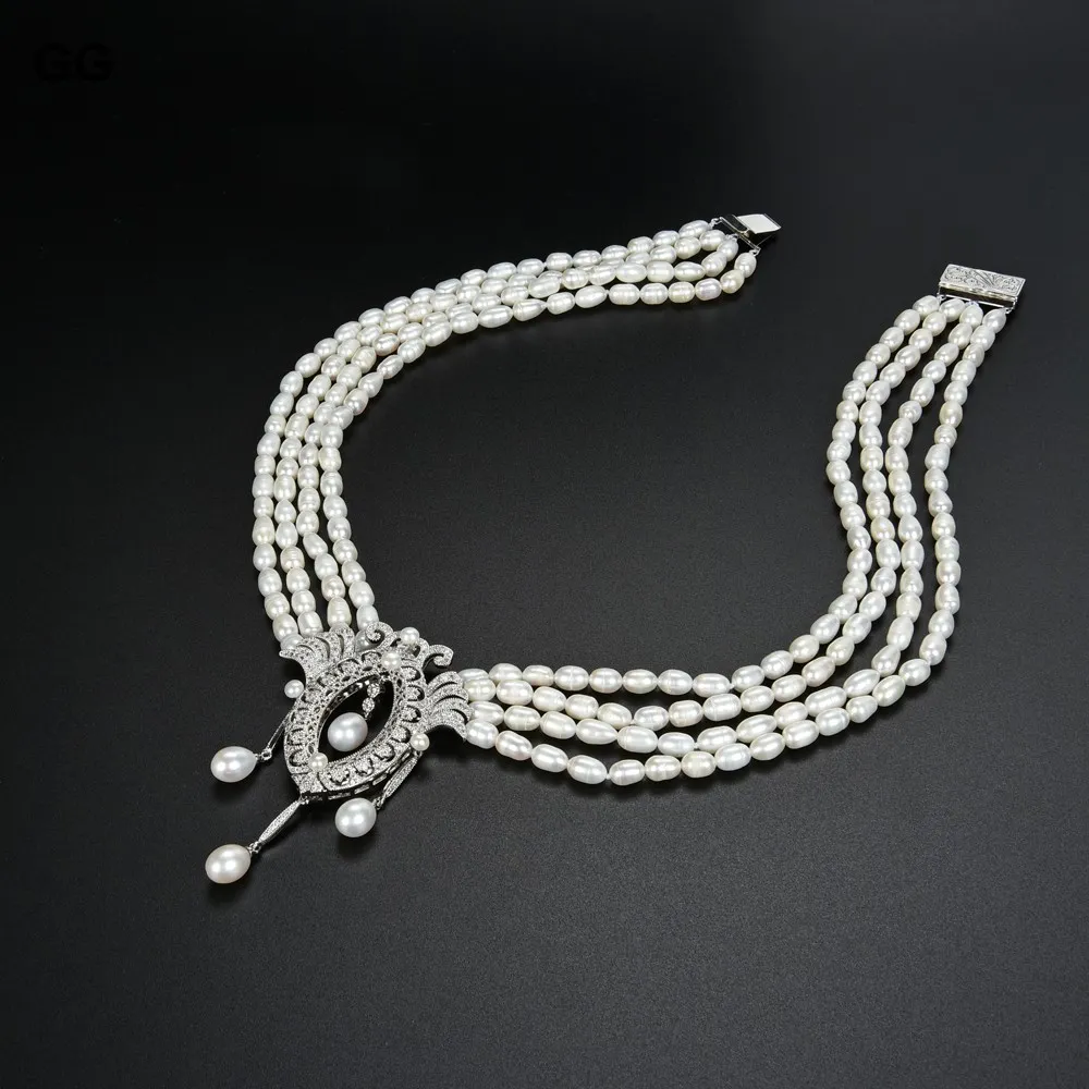 Collane con ciondolo JK 4 fili 18" Collana di perle di riso bianche naturali CZ_voghion.com