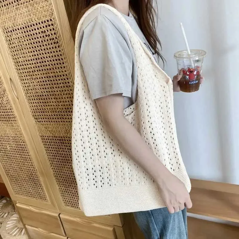 Borsa a mano lavorata a maglia da designer, grande portafoglio, estiva, da spiaggia, casual, da donna, con tracolla cava Y241011_voghion.com
