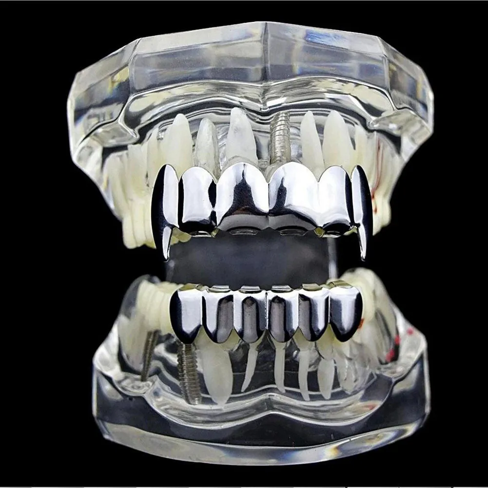 Vero oro bretelle punk hip hop denti grillz dentale bocca zanna griglie su fondo dente cappuccio cosplay festa rapper gioielli_voghion.com