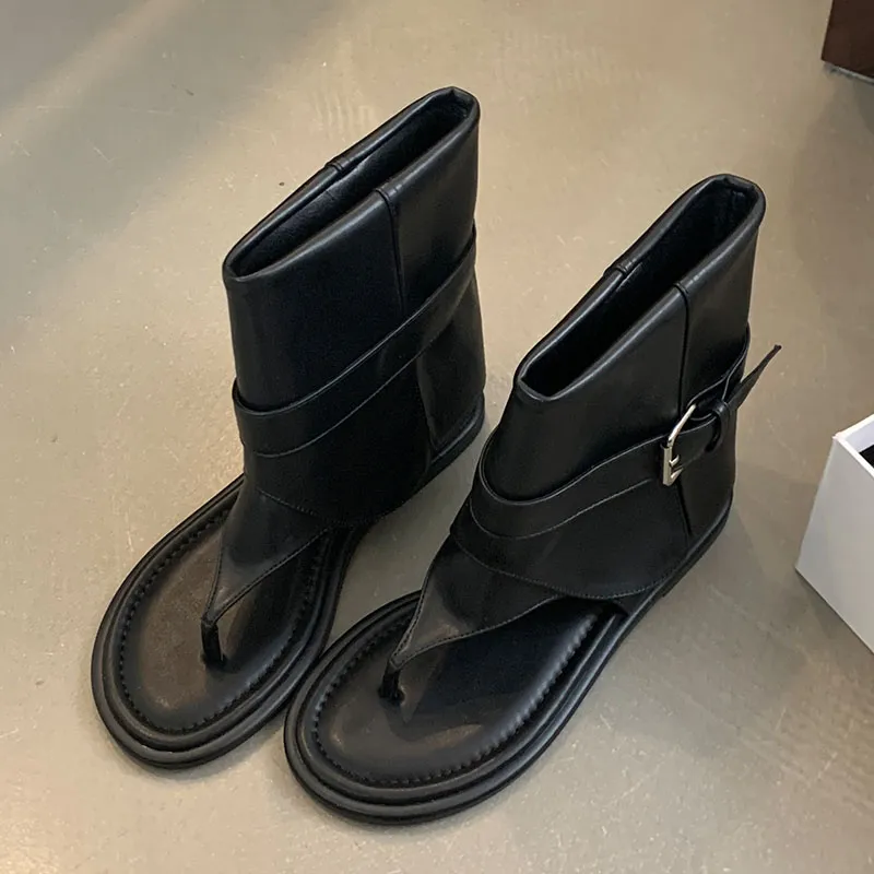 Weibliche Slip-On-Schuhe Wohnungen mit Frauen Ankle Flip Ps Mode Runde Kappe Damen Sandalen Stretch Stiefel Schuhe 2024_voghion.com