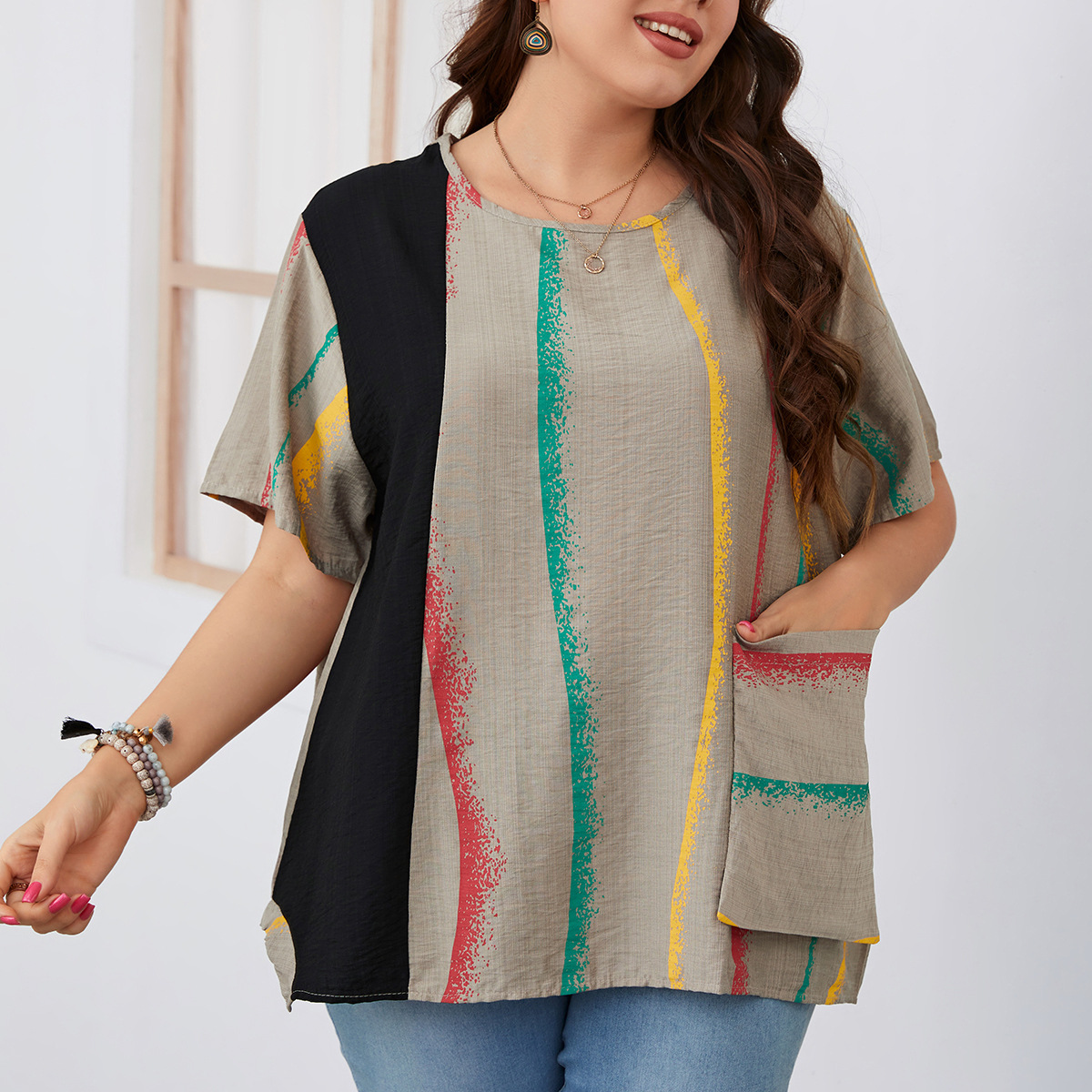 Women's striped contrast color large size women's shirt slim round neck women's clothing_voghion.com