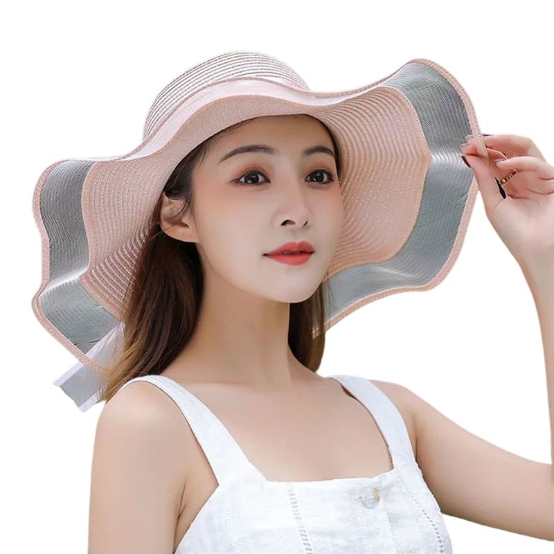 Women's Straw Hat Color Block Bow Summer Sun Hat Khaki Stylish_voghion.com