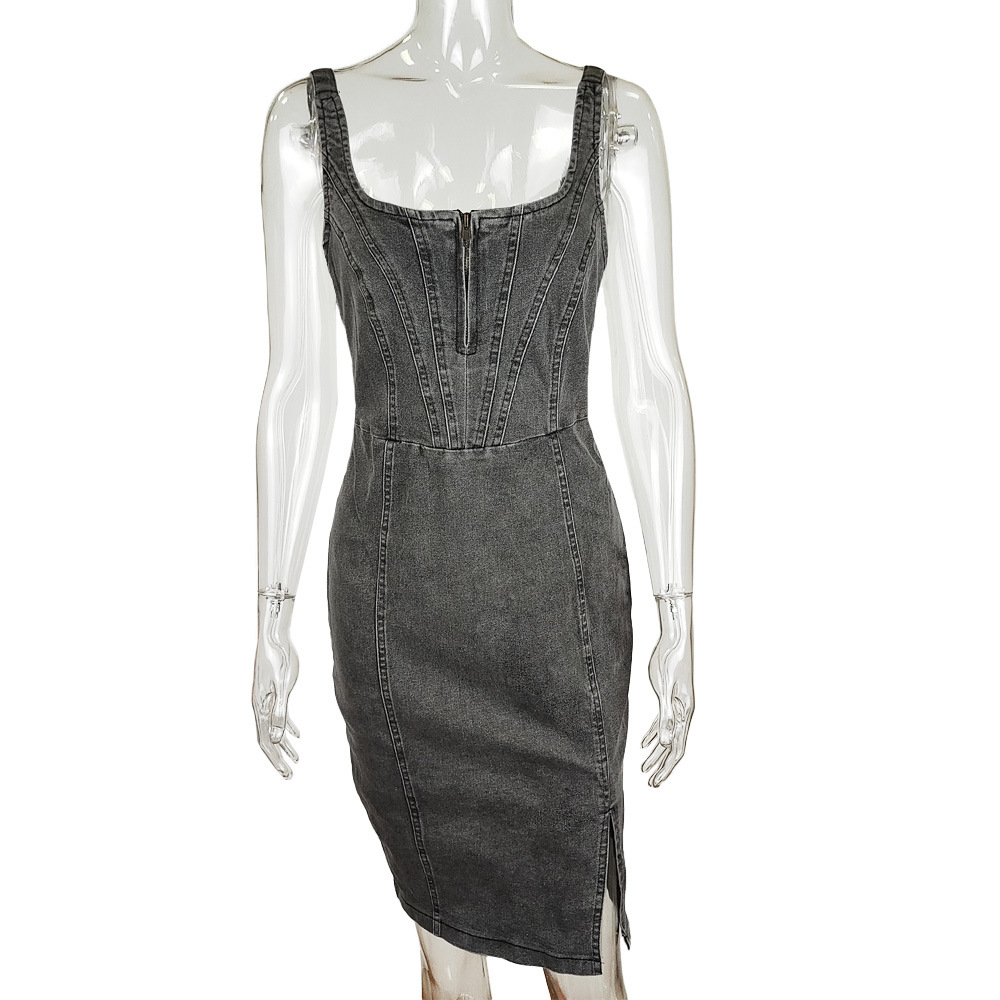 Women's Clothing Short Sleeved U Neck Suspenders Distressed Casual Style Denim Dress_voghion.com