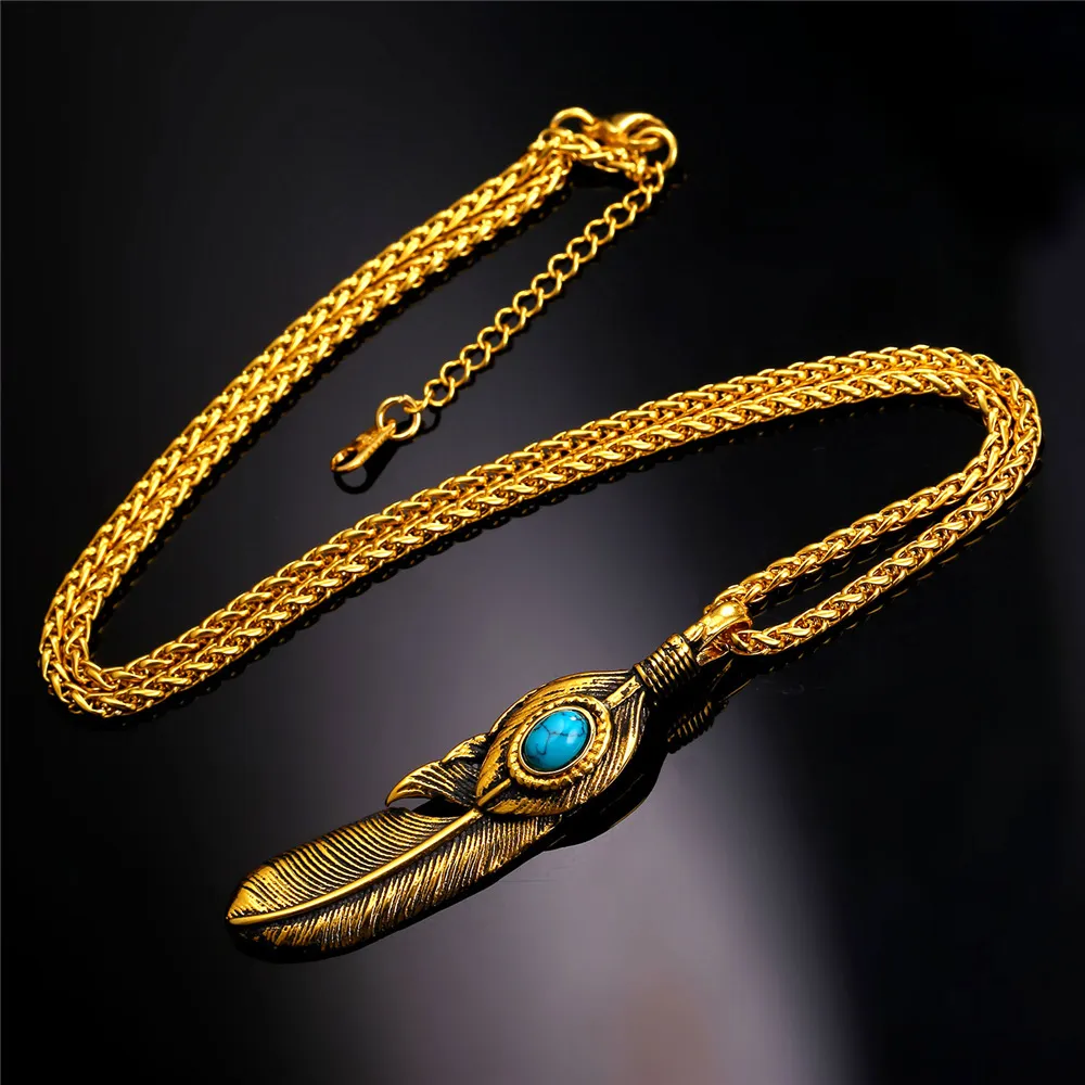 Collane con ciondolo Dream Catcher Collana e design a forma di piuma con pietra blu Acciaio inossidabile Colore oro Boho Vintage_voghion.com