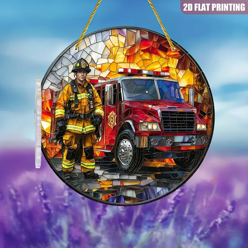 8x8in Firefighter Stained Glass Wall Art - Vibrant Fire Truck Acrylic Decor For Home & Garden - Perfect Gift For First Responders_voghion.com