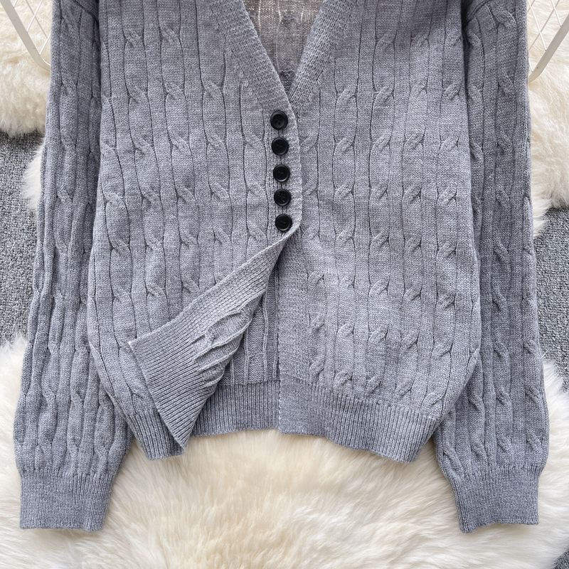 Ubrania damskie Retro leniwy styl dzianinowy kardigan kobiety jesień zima dekolt w serek miękki i luźny design niszowy temperament_voghion.com