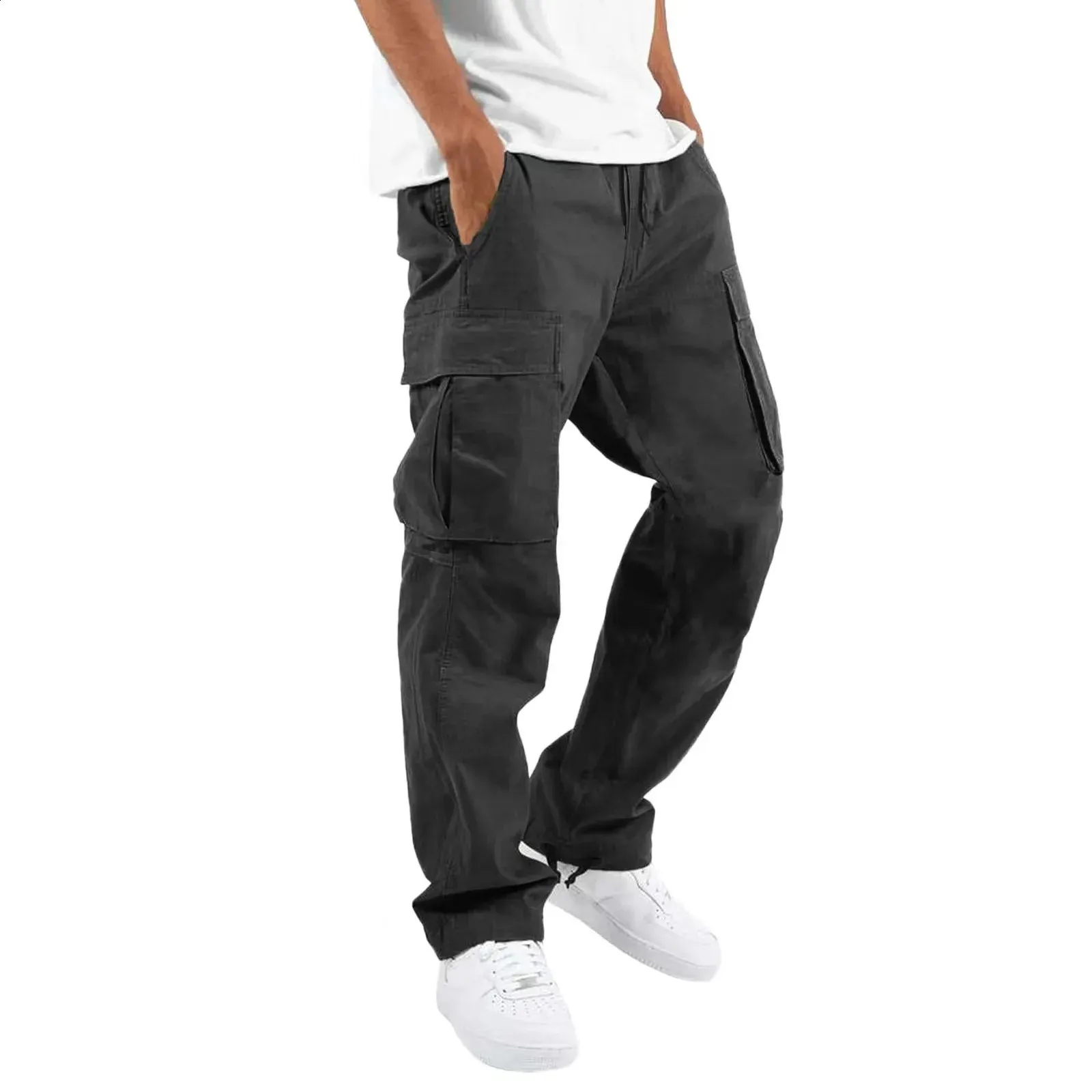 Calças para homens comprimento total cor sólida solta vários bolsos bolsos com cordão calças cargo masculinas 3XL 240813_voghion.com