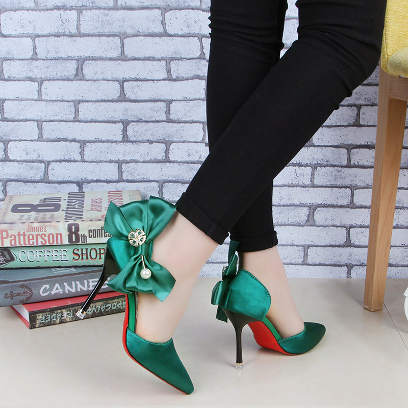 High Heel Sandals Women's Summer New Korean Edition Pointed Bow Banquet Single Pearl Water Diamond Red Wedding Shoes_voghion.com