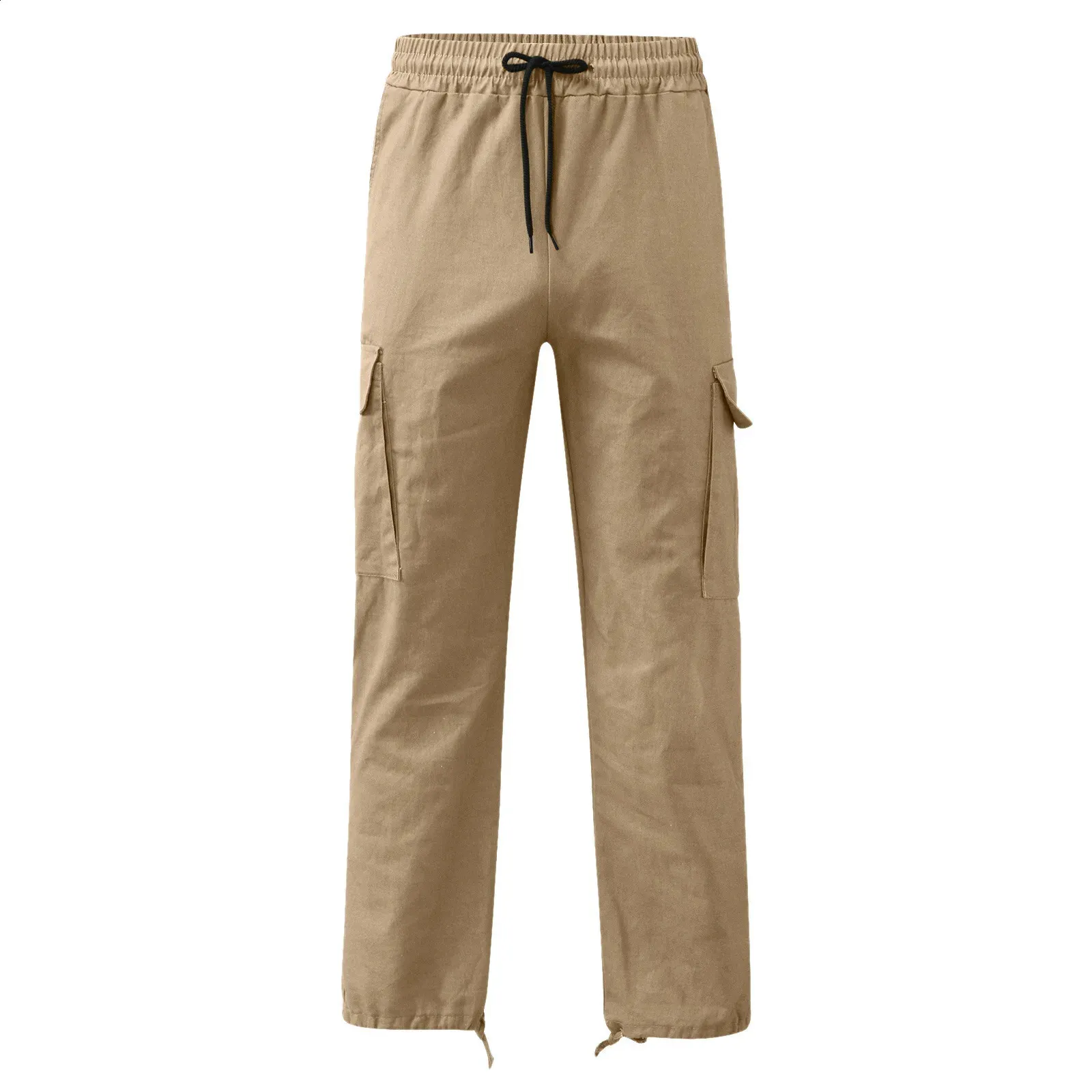 Calças para homens comprimento total cor sólida solta vários bolsos bolsos com cordão calças cargo masculinas 3XL 240813_voghion.com