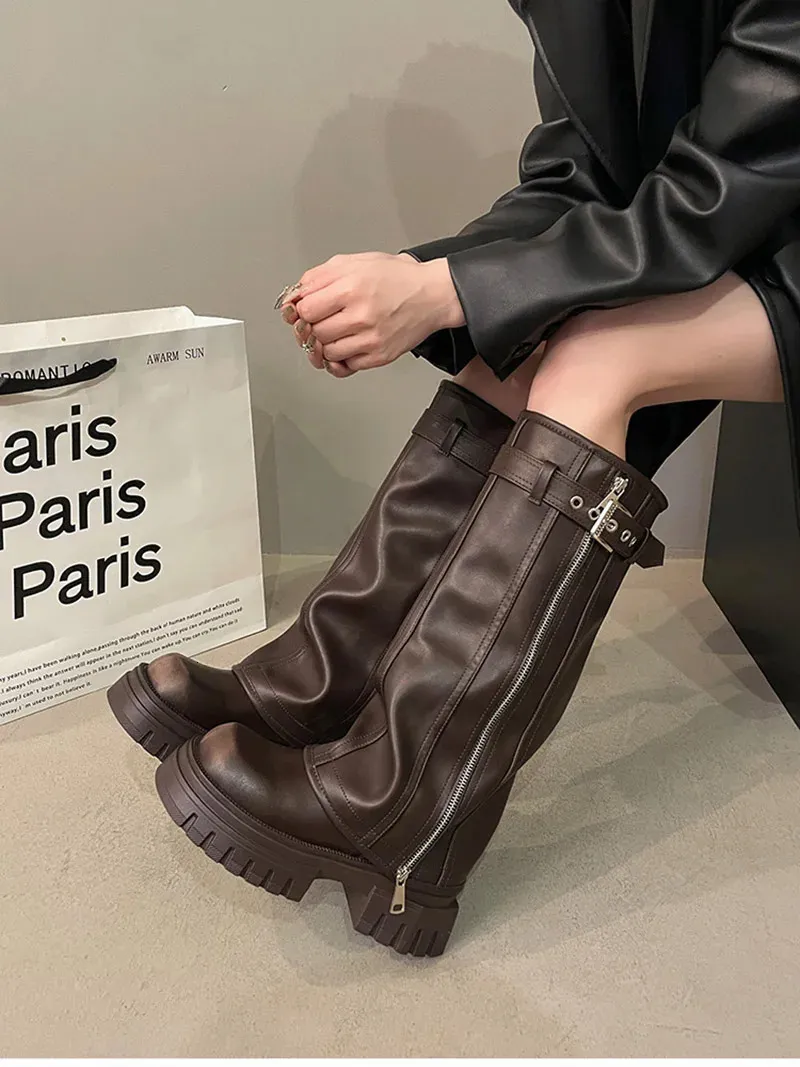 Damenmode Stiefel Winter Biker Gürtelschnalle Damen Elegante Plattform Lange Rohr Casual Damen Kniehohe Booties 2_voghion.com