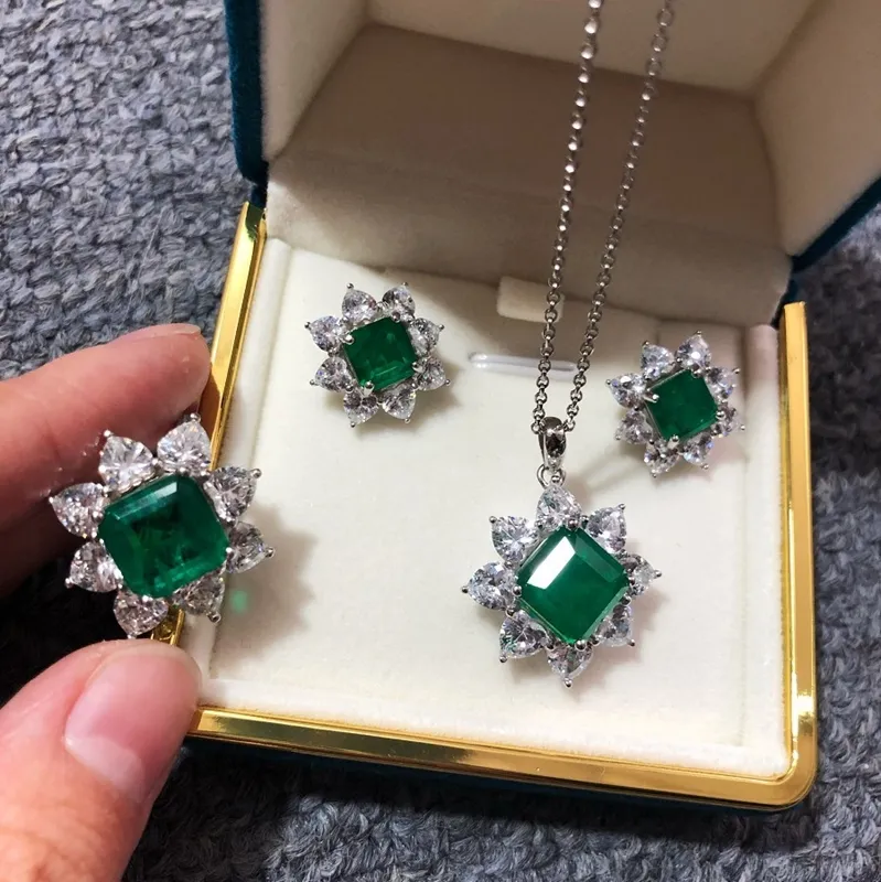 PANSYSEN Massives Sterling Silber Schmuckset für Damen, Vintage Smaragd Diamant Jubiläumsparty Halskette/Ohrringe/Ring Sets_voghion.com
