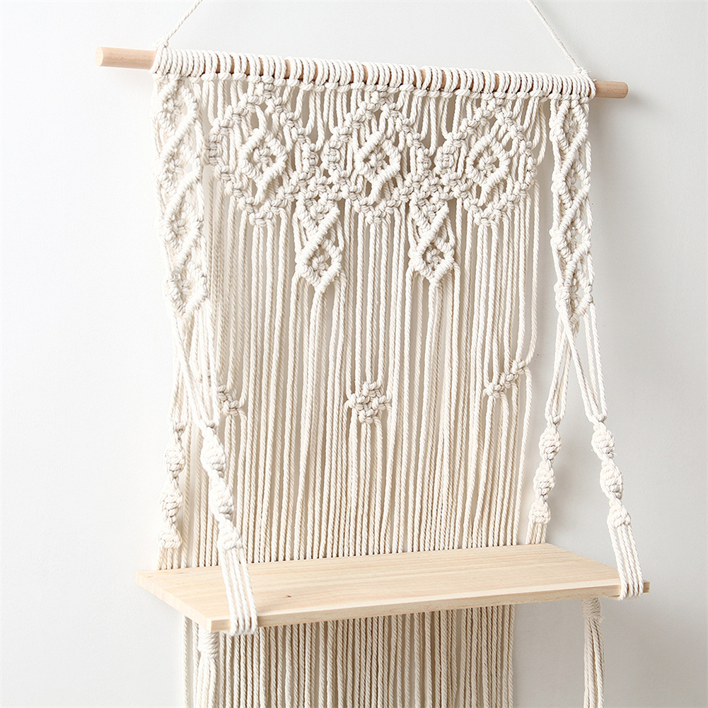Tapiserie de perete suspendată din macrame boemă, țesută manual, cu ciucuri, raft plutitor din lemn, artă de perete pentru plante, ghiveci de flori, decor boho_voghion.com
