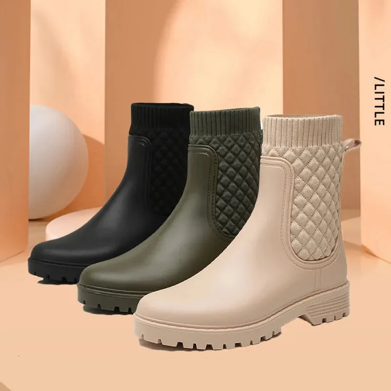 Rainboots Checkered Casual Fashion Small Leg Water Shoes Womens Sliding Tube Adult Rain Boots 241126_voghion.com