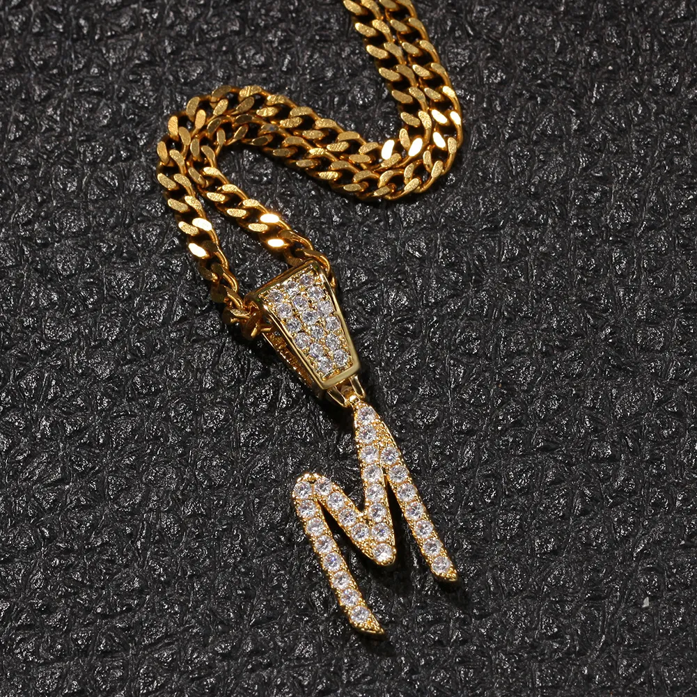 New Fashion personalized Gold Bling Diamond Cursive A-Z Initial Letters Custom Name Pendant Necklace DIY Letter Jewelry_voghion.com