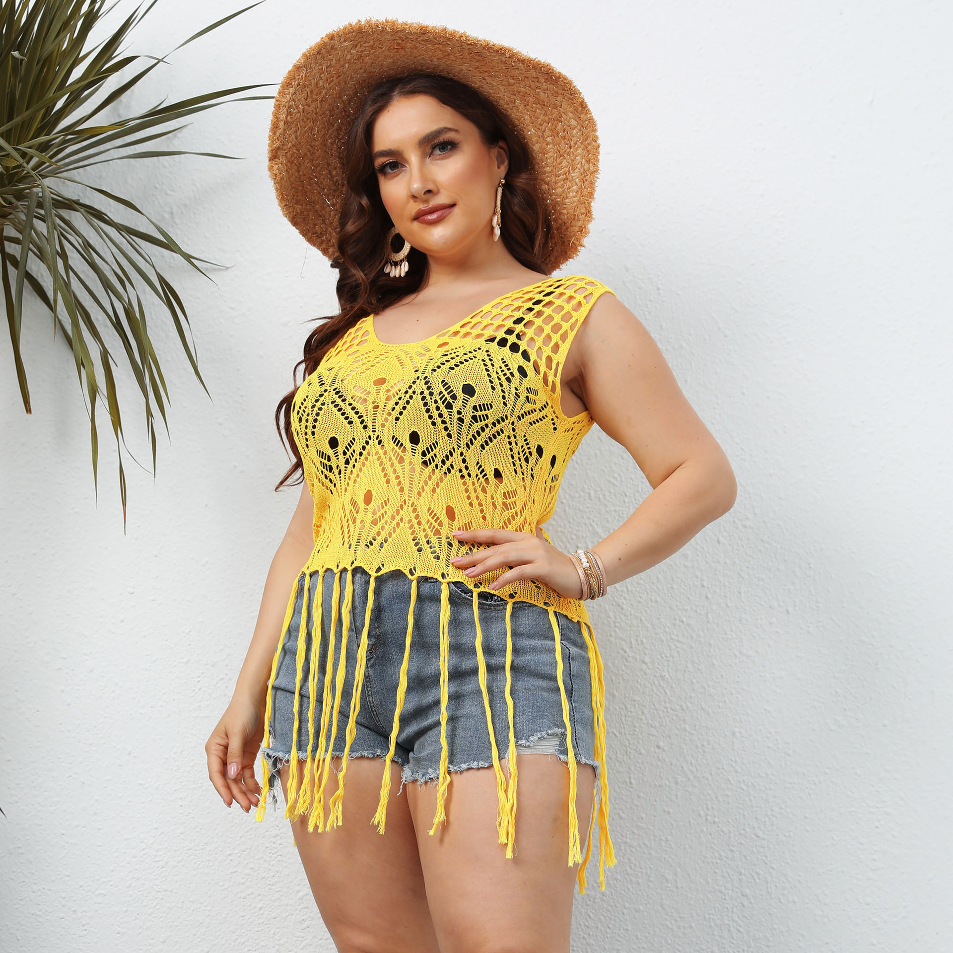 Plus Size Damenhemd Strandbluse Hohlfranséiert Patchwork Weste Sexy Duerchsiichteg Top_voghion.com