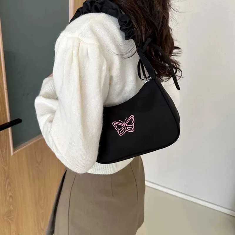 Cute Embroidered Bowknot Shoulder Bag Women Nylon Pleated Handbag_voghion.com