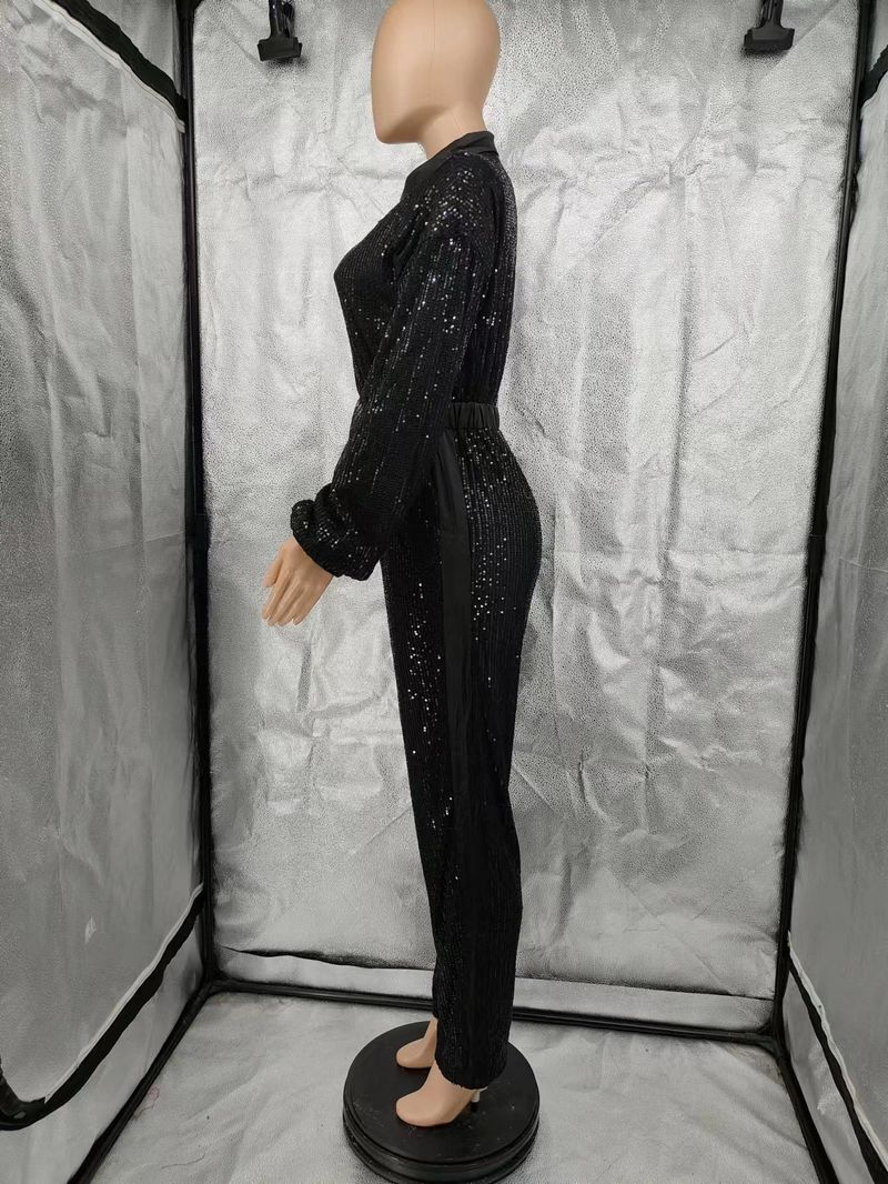 Women's Clothing autumn and winter sequin sequined sexy deep V neck jumpsuit_voghion.com