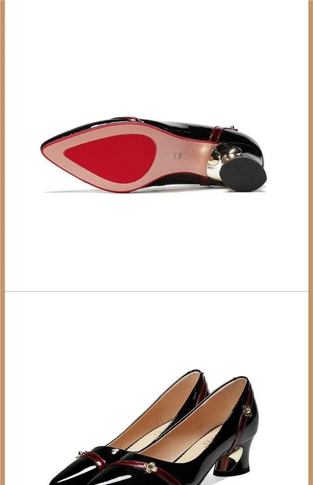 Sapatos femininos de couro fino, salto grosso, temperamento versátil, boca rasa, antiderrapante, trabalho, sapatos individuais, sem salto_voghion.com