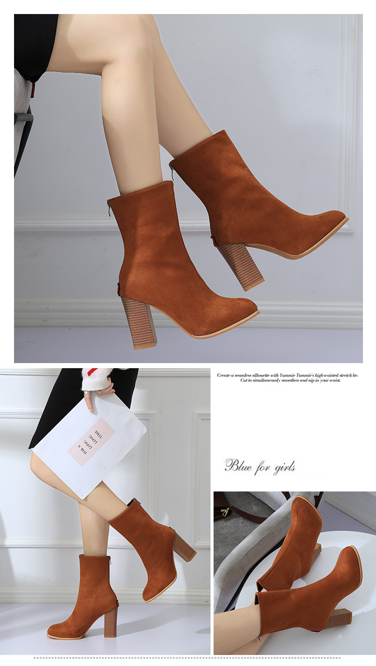 Bottes Martin à bout pointu et mi-tube pour femmes, talons hauts, à la mode, slim, fermeture éclair au dos, en daim, talon épais, nouvelle collection_voghion.com