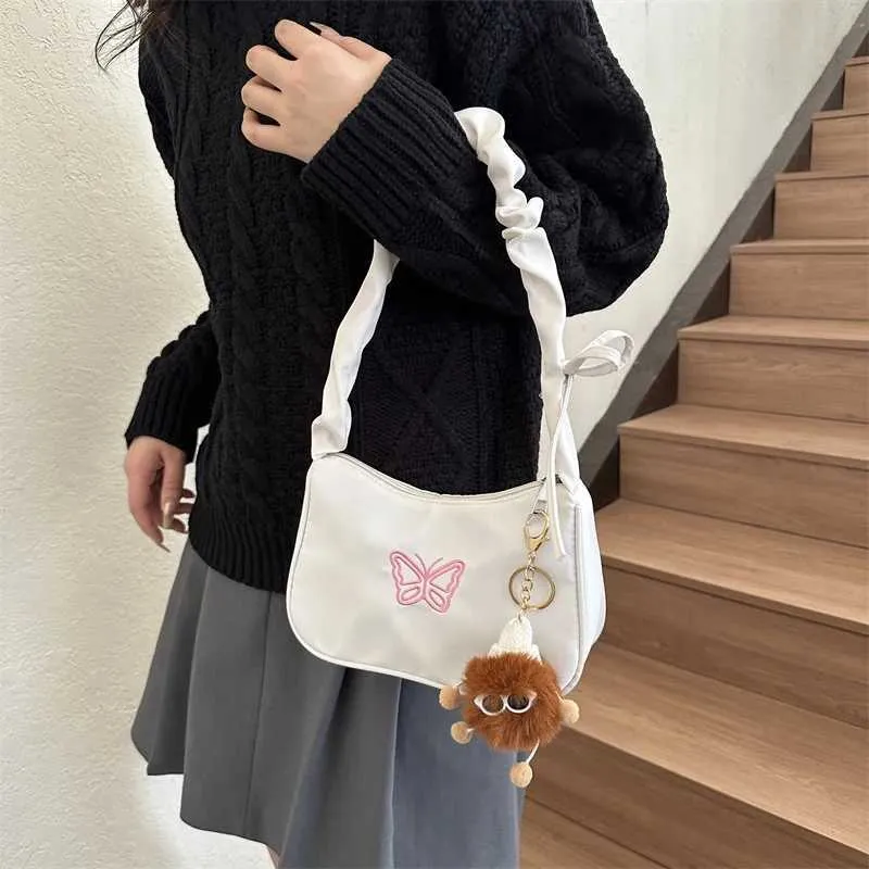 Cute Embroidered Bowknot Shoulder Bag Women Nylon Pleated Handbag_voghion.com