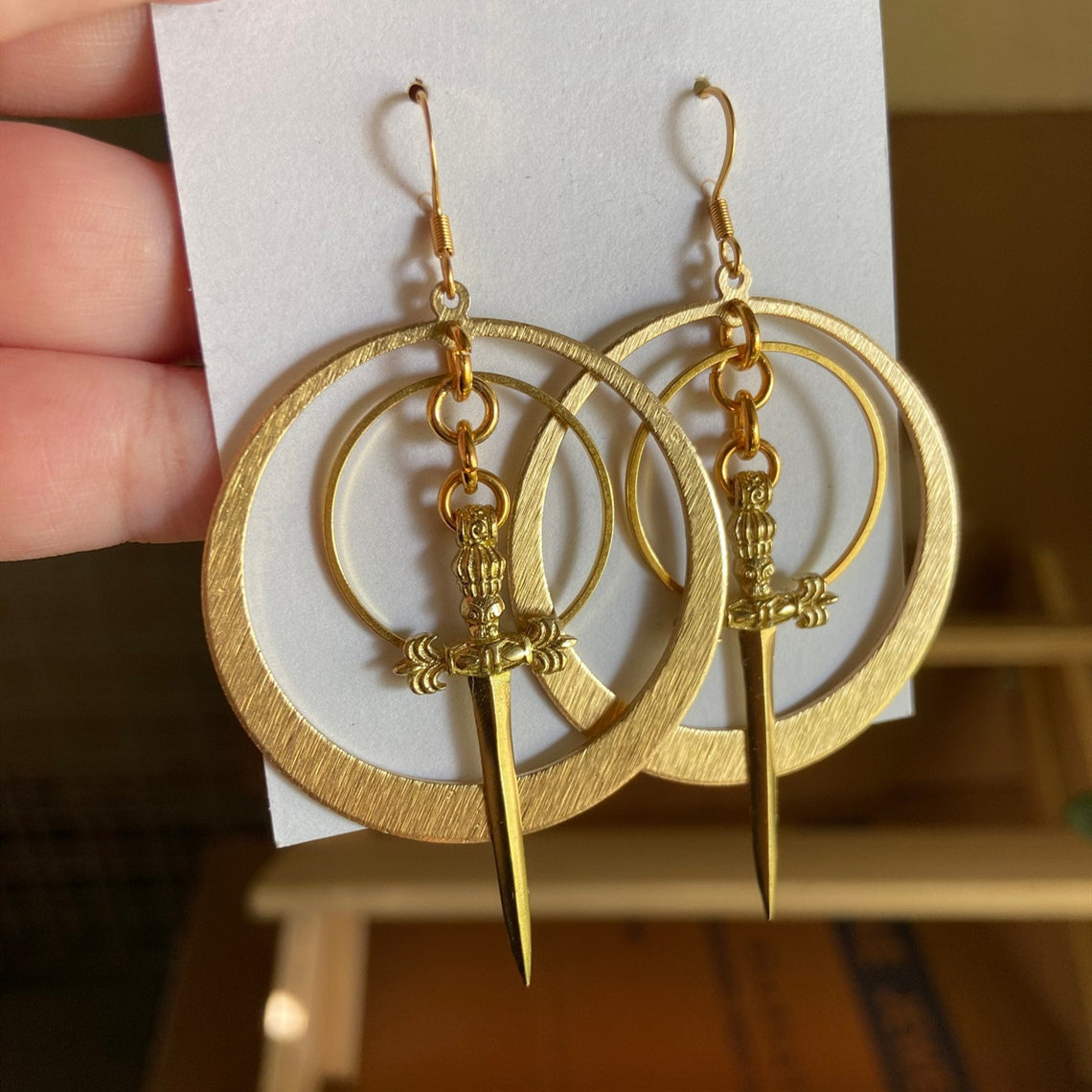 Vintage Gothic double hoop earrings with gold sword texture_voghion.com