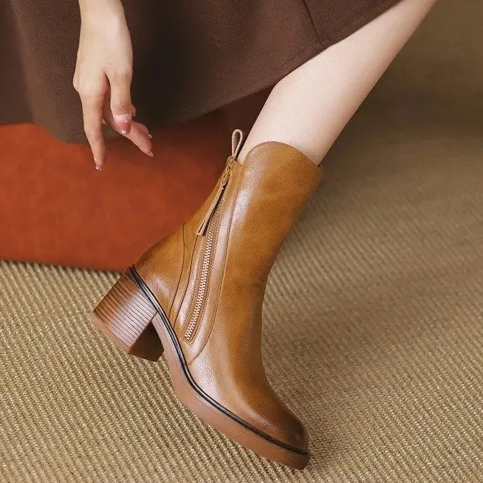 Womens high leather short round thick side zipper foot pedal boots 241022_voghion.com