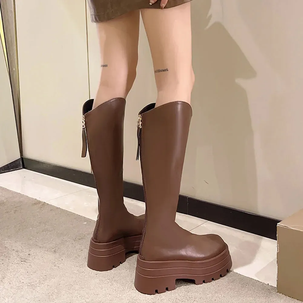 Women's Motorcycle Knee High Boots With Platform Sole, Winter Style_voghion.com