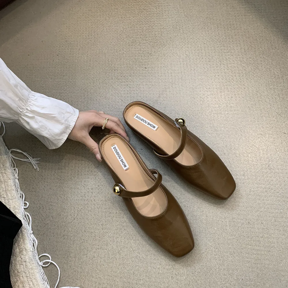 Flats Klasik Elbise Sandalet Kadın Sier Bej Kahverengi Bilek Tokalı Ayakkabı Yazlık Terlikler_voghion.com