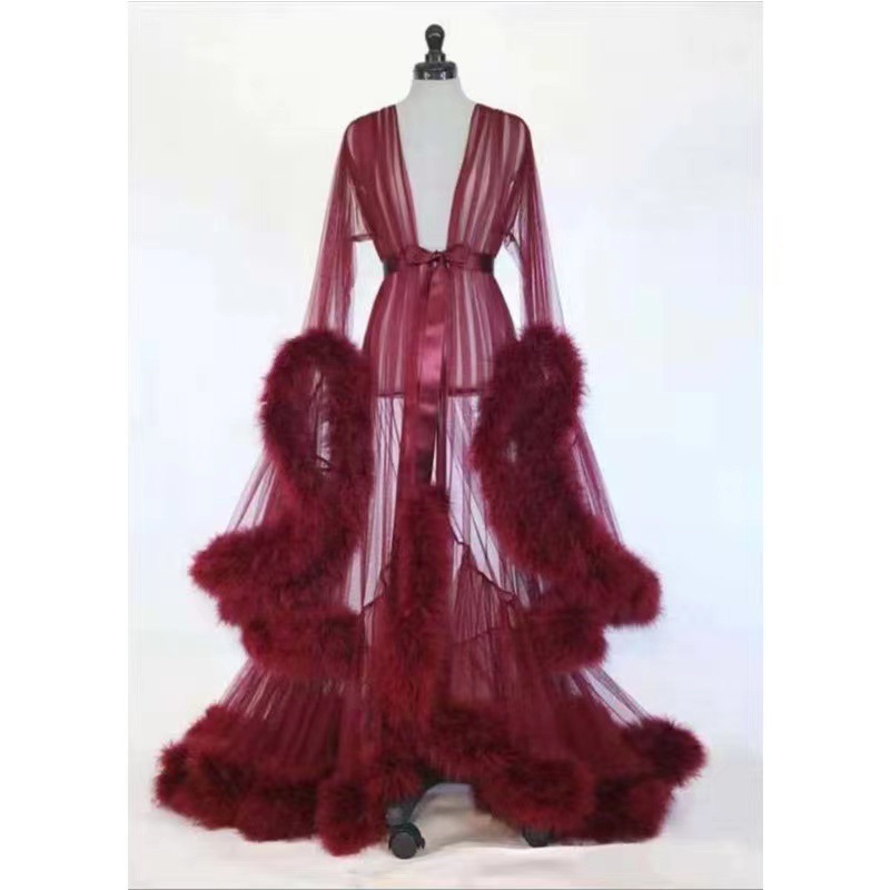 Women's Sleepwears Feather See Through Nightdress Sexy Lingerie Trumpet Sleeve Tail Long Skirt