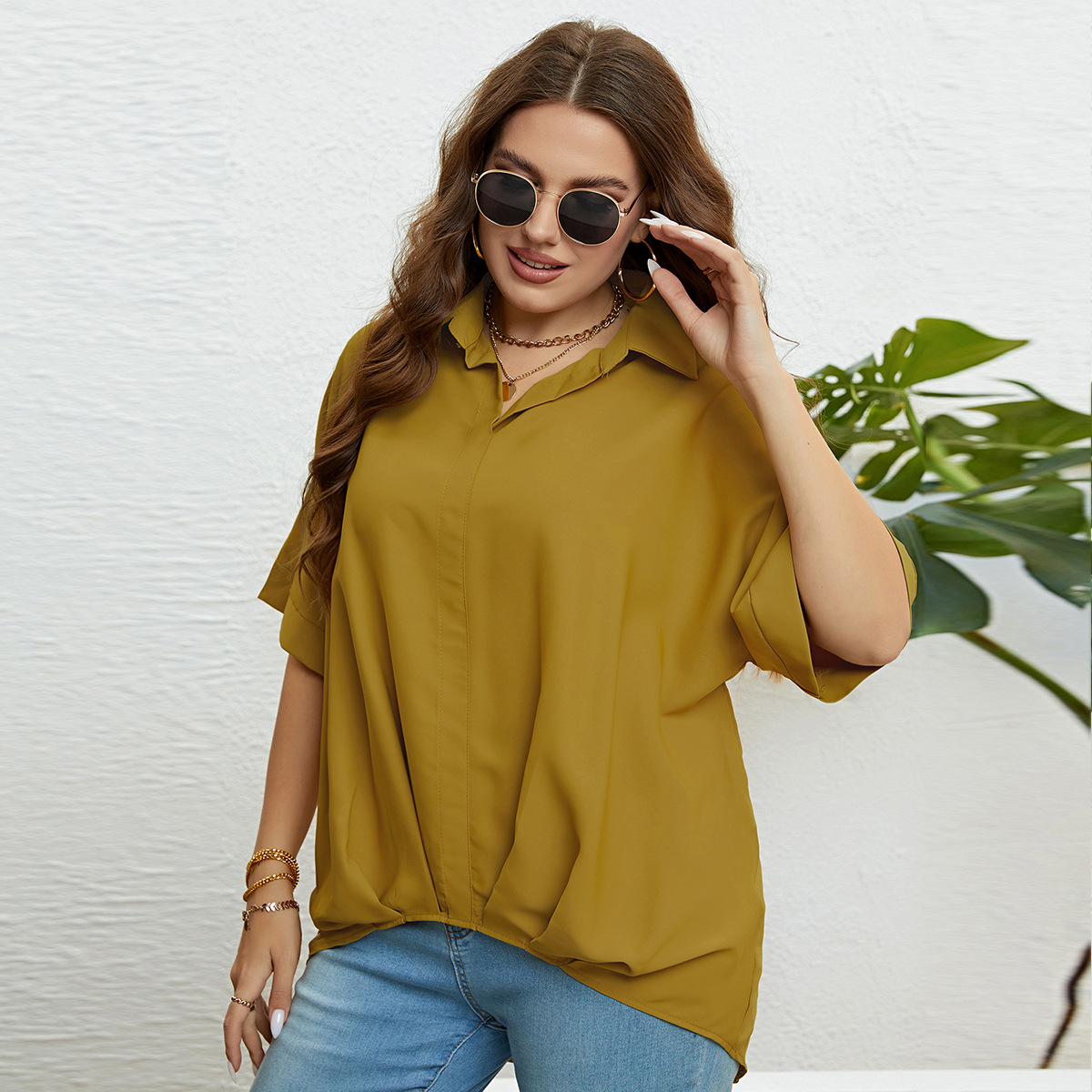 Topuri pentru femei, cu decolteu în V, slim fit și mâneci în cinci puncte, mărimi mari_voghion.com