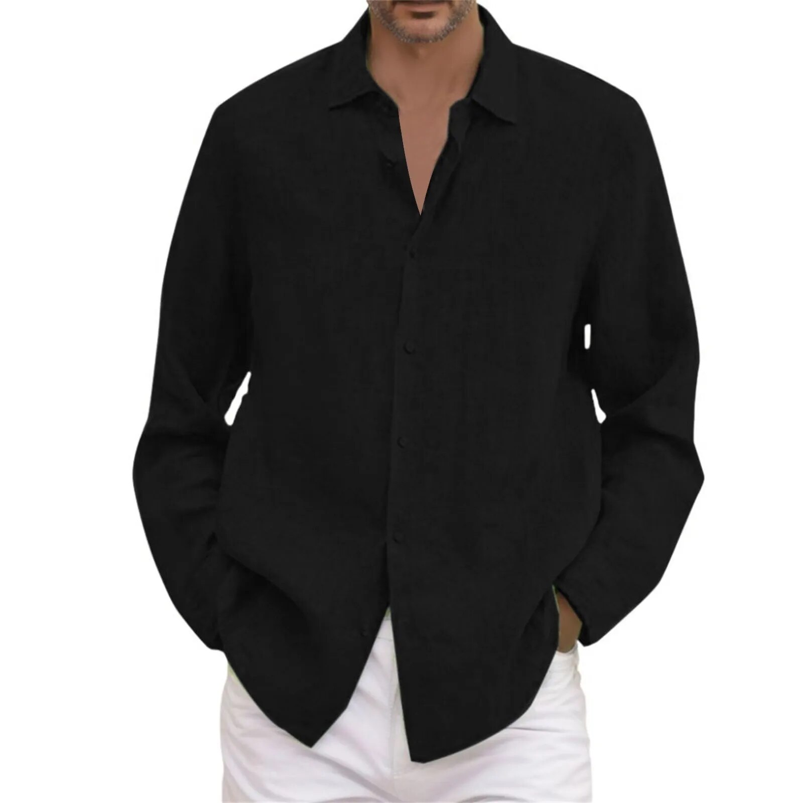 Einfarbig Casual Herren Hemd Umlegekragen Langarm Hemden Herren Frühling Herbst Bluse Männlich Dünn Atmungsaktiv Locker_voghion.com