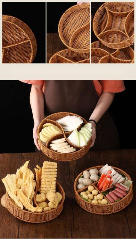 Chinese Textile Rattan Woven Platter, Hotpot, Vegetables, Mushrooms, Ingredients, Dividing Plate, Self-service_voghion.com