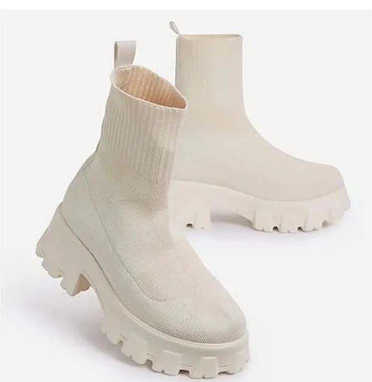 Scarpe autunnali corte con plateau e maglia per le donne Stivaletti con tacco Bianco Inverno Botas Mujer_voghion.com