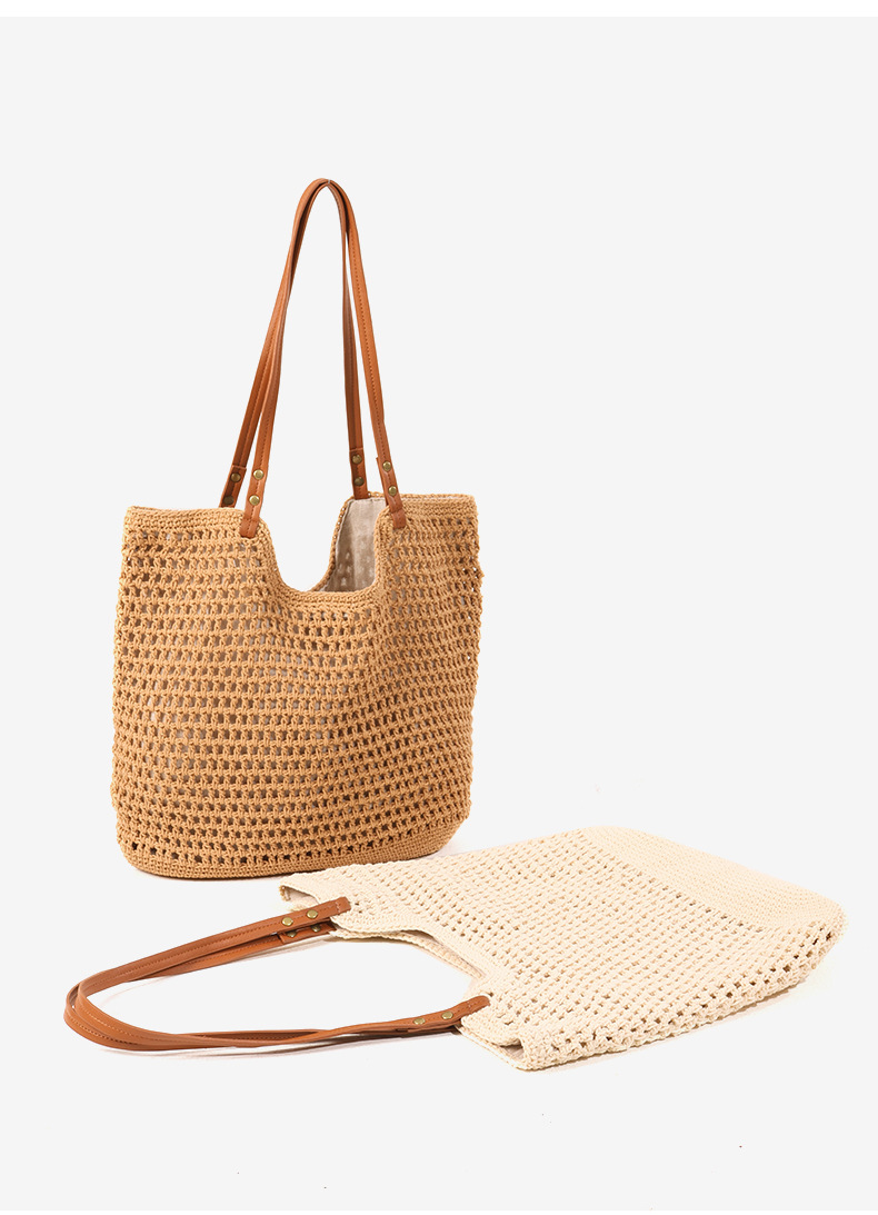 Borsa da donna in cotone intrecciato monospalla cava nuova borsa estiva in paglia di grande capacità borsa da spiaggia per le vacanze al mare_voghion.com
