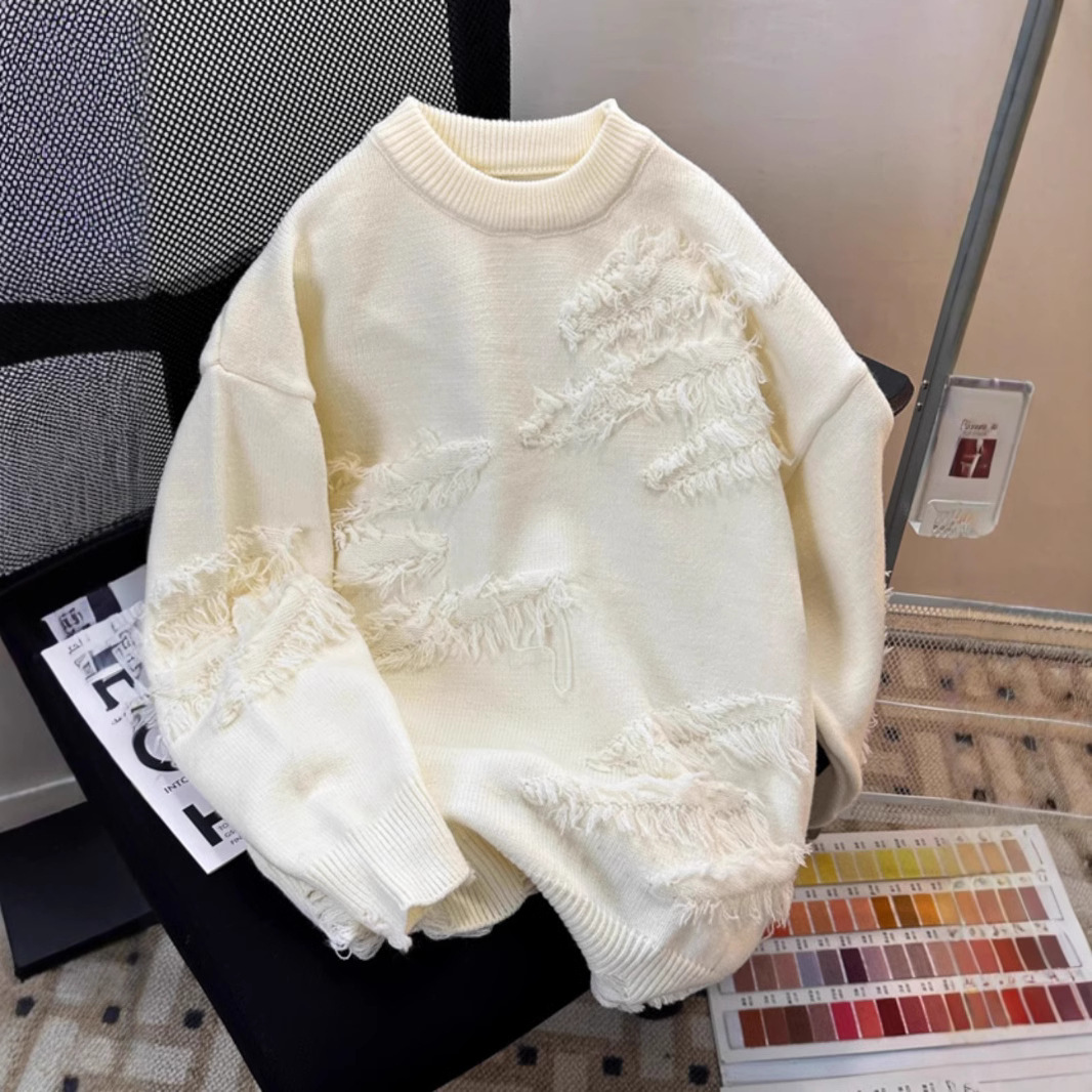 New tassel distressed sweater for men and women, loose round neck, inner knit sweater, autumn and winter outerwear