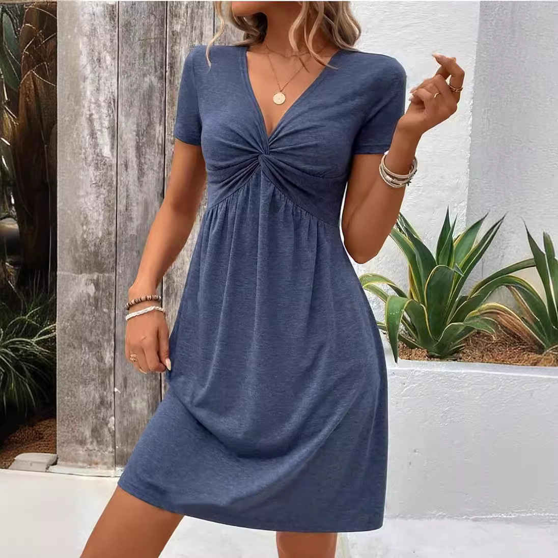 Women's Clothing colored cotton short-sleeved V-neck design chest twist waist dress