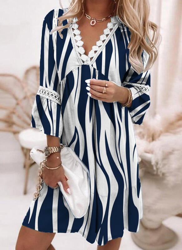 Abito casual da vacanza bohémien in stile patchwork in pizzo stampato con scollo a V, primavera 2022_voghion.com