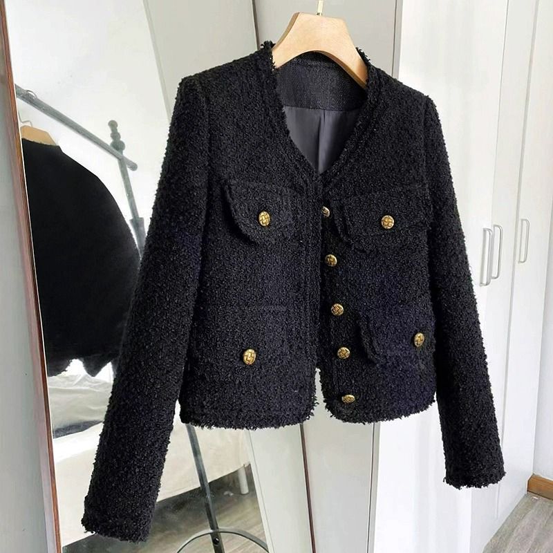 ​Elegant Short Tweed Jacket For Women - Classic Style Cropped Blazer With Long Sleeves, Round Neck & Button Detail (S M L XL)​